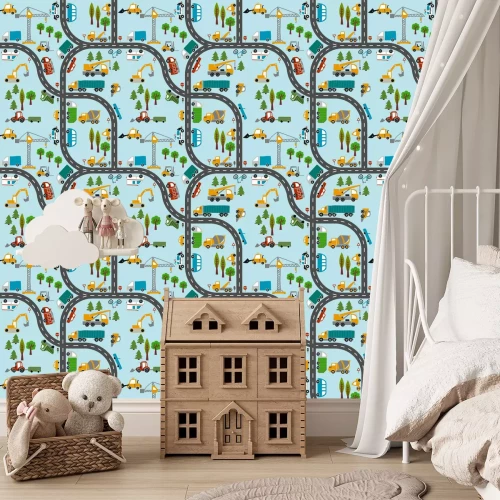 Tapete Vehicle pattern design with several machines - funny hand drawn doodle, seamless pattern. Lettering poster or t-shirt textile graphic design. / wallpaper, wrapping paper, background.