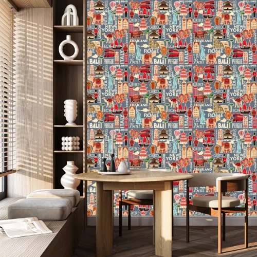 Tapete Nahtloses Muster von Touristenattraktionen und Objekten verschiedener Länder. Vektorfarbgrafiken