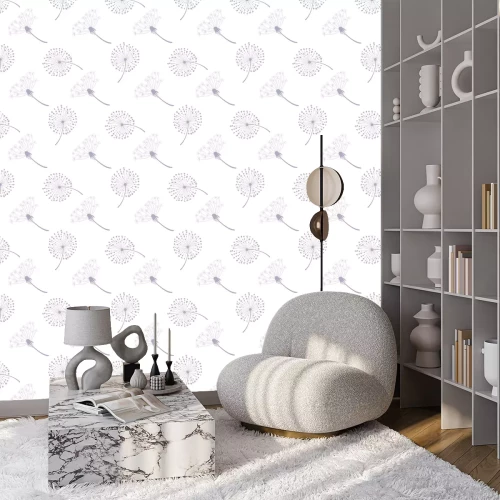 Tapete Hellgraue Pusteblumen auf weißem Hintergrund