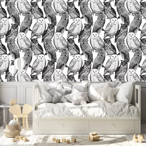 Tapete Schwarz-weiße Eulen wie echte