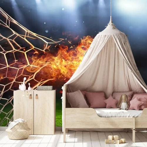 Sticker Brennender Ball durchbricht das Netz eines Fußballtores