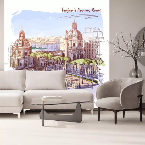 Sticker Forum of the Emperor Trajan in Rome, Italy. Painted sketch. Vintage design. Travel sketchbook drawing. EPS10 vector illustration.