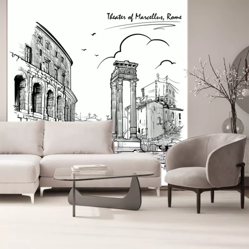 Sticker Theater of Marcellus and portico of Octavia in Rome, Italy. Engraving style sketch. Vintage design. Travel sketchbook drawing. EPS10 vector illustration.