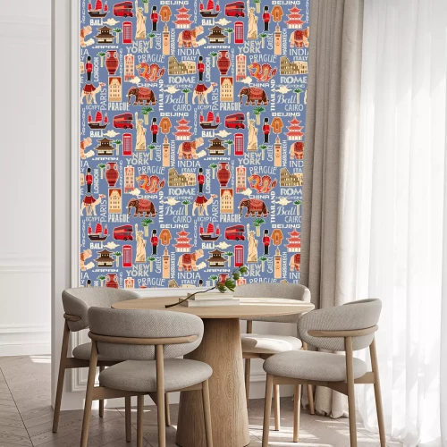 Tapete Nahtloses Hintergrundmuster von Touristenobjekten aus verschiedenen Ländern. Vektorfarbgrafiken