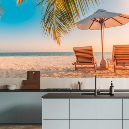 Sticker Beautiful tropical beach banner. White sand and coco palms travel tourism wide panorama background concept. Amazing beach landscape