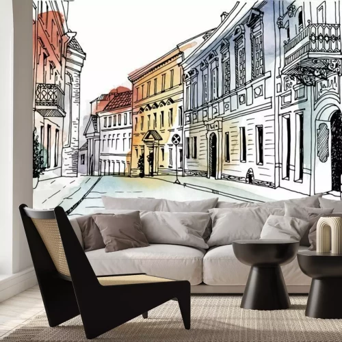 Fototapete Old city street in hand drawn line sketch style. Urban romantic landscape. Vilnius. Black and white vector illustration on watercolor background