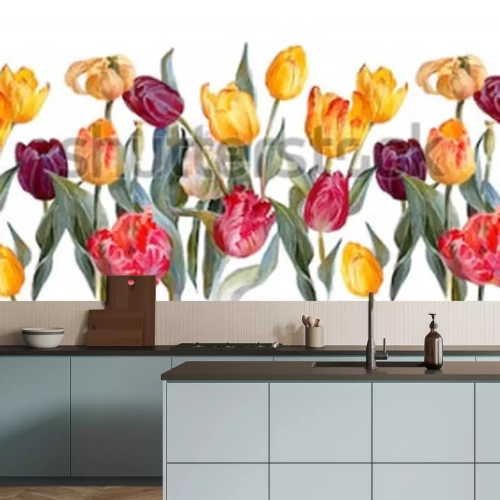 Fototapete Gelbe Tulpen mit roten und violetten Tulpen