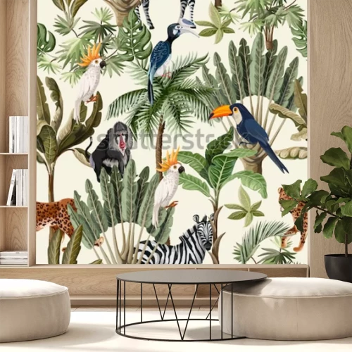 Sticker Safari-Tiere inmitten von exotischen Pflanzen