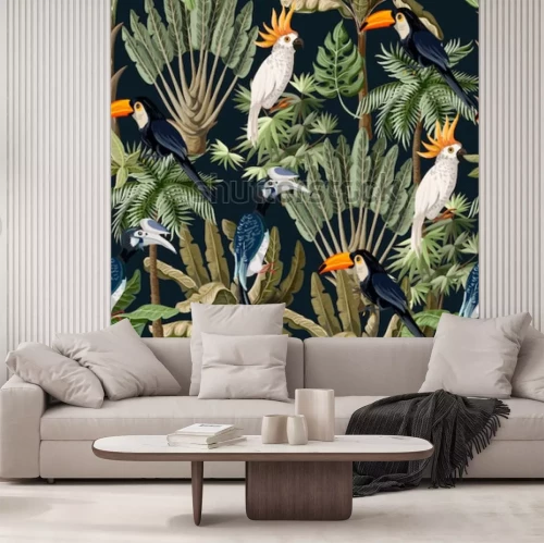 Sticker Safari-Tiere Tukane und Papageien zwischen grünen Blättern