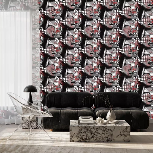 Tapete Grammophon. Nahtloses Muster. Geeignet für Stoffe, Geschenkpapier, Wachstuch und andere Haushalts- und Designerprodukte