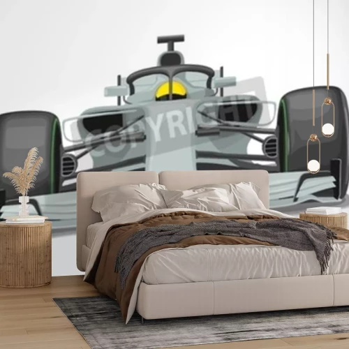 Sticker Racing silver car with protection front view. Vector flat color illustration isolated on white background