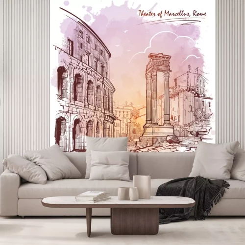 Sticker Theater of Marcellus and portico of Octavia in Rome, Italy. Monochrome linear drawing isolated on a textured grunge watercolor background. Vintage design. Travel sketchbook drawing. EPS10 vector