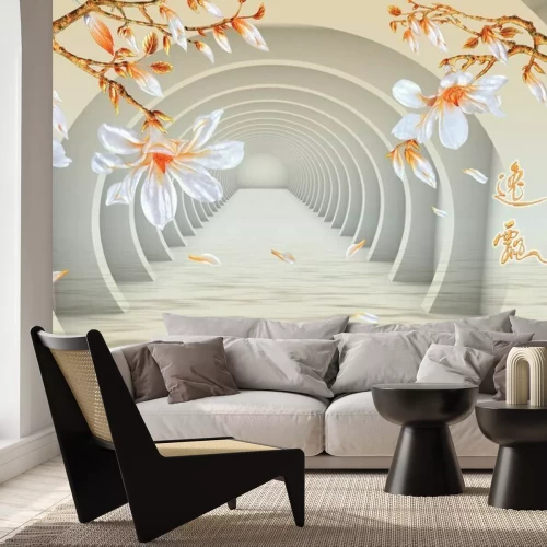 Fototapete Dreidimensionaler Tunnel mit fallenden Blütenblättern