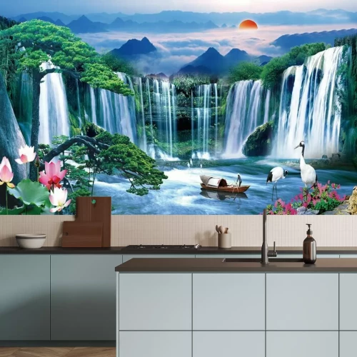 Fototapete Abstrakte Landschaft Wasserfall vor Bergen