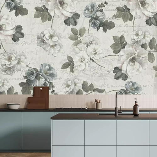 Fototapete Vintage weiße Blumen mit einem Hintergrund von Inschriften