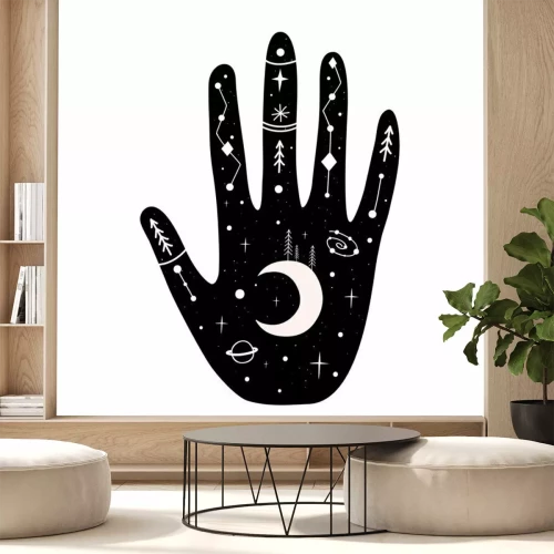 Sticker Grafik einer schwarzen Hand mit Symbolen auf weißem Hintergrund