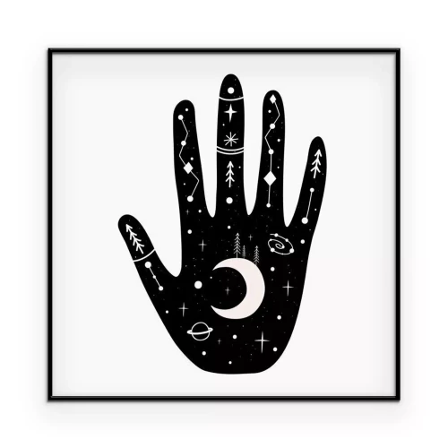 Poster Grafik einer schwarzen Hand mit Symbolen auf weißem Hintergrund