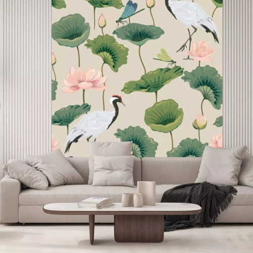 Sticker nahtloses Muster mit Lotusblumen und japanischen Kranichen