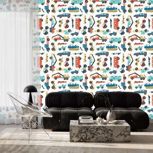 Tapete Vector Seamless Pattern with Doodle Toy Racing Cars, Heavy Construction Trucks. Cartoon Transportation Background for Kids. 