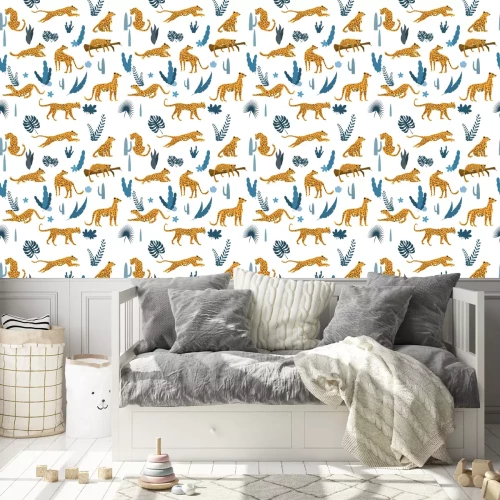 Tapete Seamless pattern with leopards in different poses with tropical leaves, plants, mammal, predator, jungle