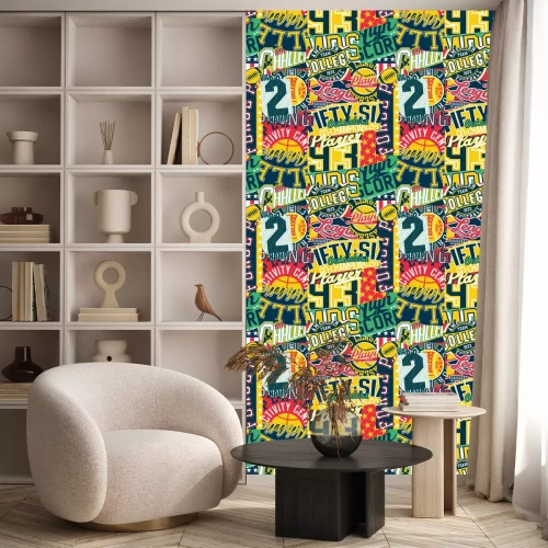 Tapete Vintage college sporting labels patchwork  abstract vector seamless pattern