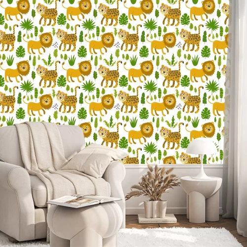 Tapete Niedliche Löwen und Leoparden zwischen grünen Blättern