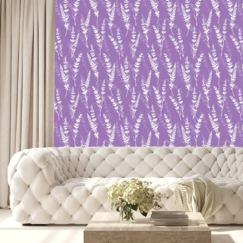 Tapete Lavender flowers purple vector seamless pattern. Beautiful violet lavender retro background. Elegant fabric on light background Surface pattern design.
