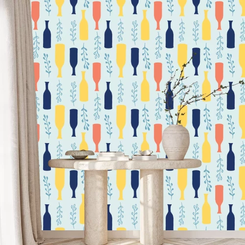 Tapete Cartoon vases, ferns seamless  pattern in pale turquoise with vibrant yellow, navy blue and coral. Great for gift wrapping paper, textiles and home decor. Spring and summer, fresh and natural.