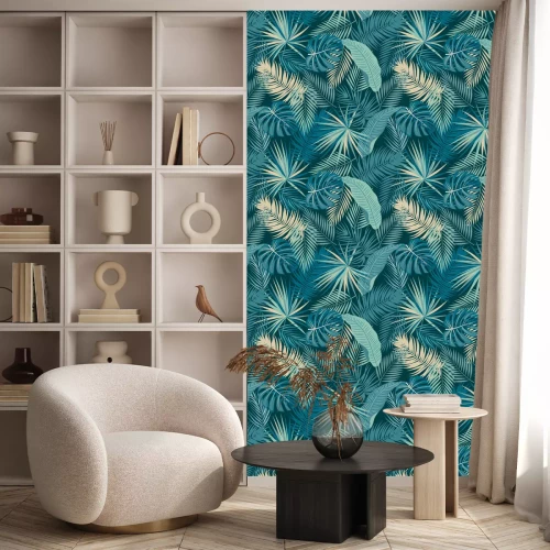 Tapete Beige und blaue tropische Blätter