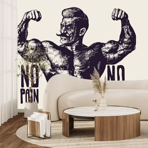 Sticker Design T-shirt or Poster No Pain No Gain! With Bodybuilder with a mustache. Retro Engraving Linocut Style. Vector Illustration. 