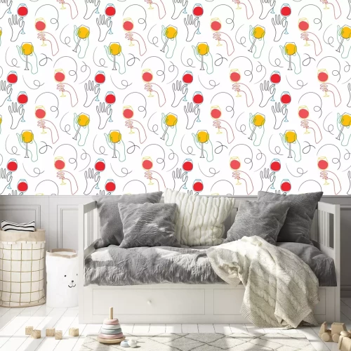 Tapete Graphic one line hands with wine. Hand drawn colored vector seamless pattern