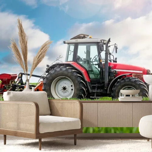 Fototapete 3d Traktor rot auf dem Feld