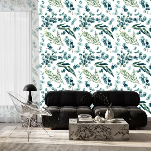 Tapete Aquarell-Blätter auf weißem Hintergrund