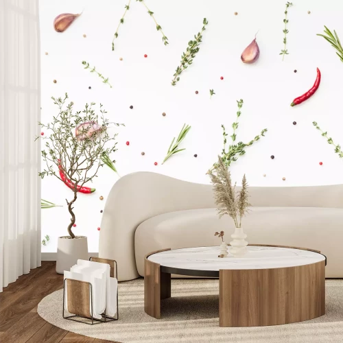 Fototapete Grüne Kräuter, Paprika und Gewürze auf weißem Hintergrund