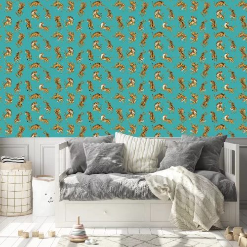 Tapete Vector seamless pattern with cute tigers on background. Fashionable fabric design.