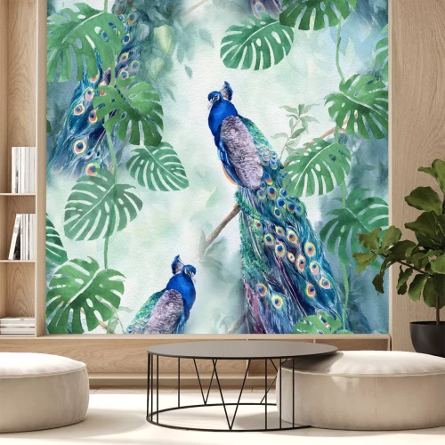 Fototapete Vögel auf zweig mit blüten