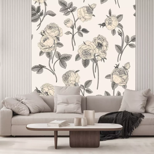 Sticker Nahtloses Muster des Weinlesevektors mit Blumensträußen der Blumen, die Garten viktorianische Rosen blühen. Graue weiße Blumen mit grauen Blättern auf hellgrauem Hintergrund. Klassisch