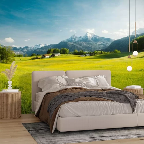 Fototapete Grüne Wiese und Berge