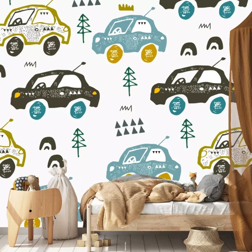 Sticker Muster mit Autos. Hand gezeichnete Autos auf der Straße. Skandinavisches Design. Dekorative abstrakte Kunst. Textil- oder Stoffdesign