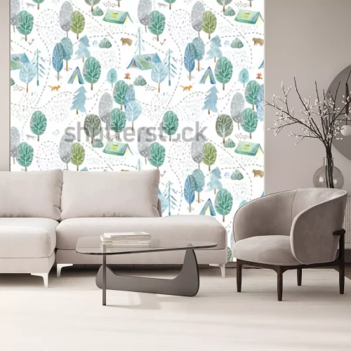 Sticker Nahtloses Muster eines Camping, Straße, Fuchs, Wolf, Bär im Wald. Zelt, Bäume, Lagerfeuer, Pflanzen und Blumen. Landschaftstourismus. Aquarellhand gezeichnete Illustration. Weißer Hintergrund