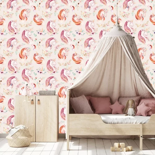 Tapete Einhörner in Blumen