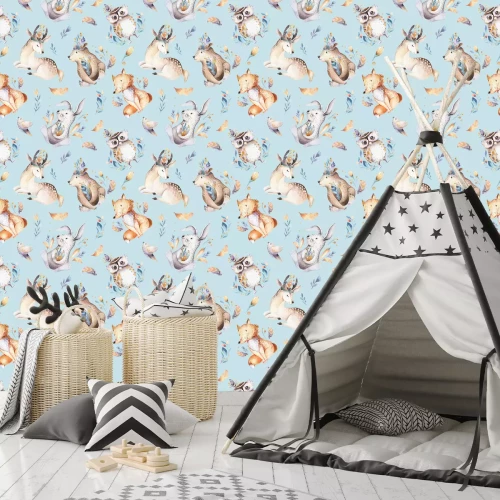Tapete Waldtiere auf blauem Grund