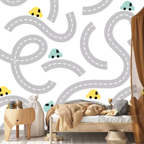 Sticker Nahtlose Musterstraße mit Babyautos für Druck, Textil, Tapete. Kinderhintergrund mit Straßenautos