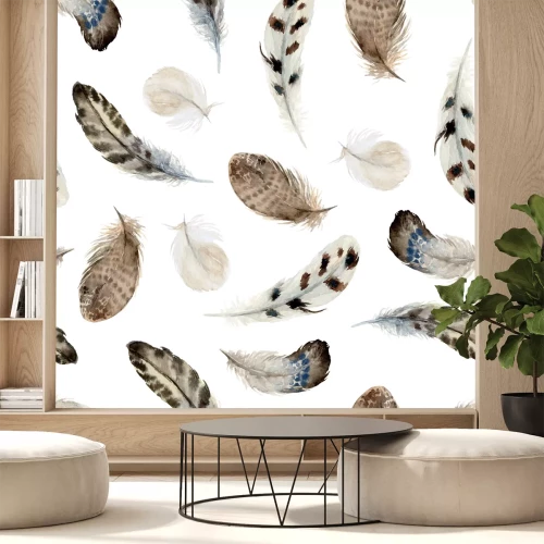 Sticker Aquarell Boho nahtloses Muster der Federn auf weißem Hintergrund. Dekor der amerikanischen Ureinwohner, Druckelement, Stammesböhmisches Navajo, Indianer, Peru, Aztekenverpackung