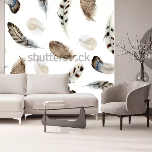 Sticker Aquarell Boho nahtloses Muster der Federn auf weißem Hintergrund. Dekor der amerikanischen Ureinwohner, Druckelement, Stammesböhmisches Navajo, Indianer, Peru, Aztekenverpackung