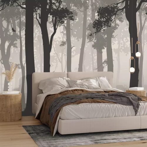 Sticker Horizontaler nahtloser Hintergrund mit Laubwald, Vögeln und Hirsch. Vektorillustration