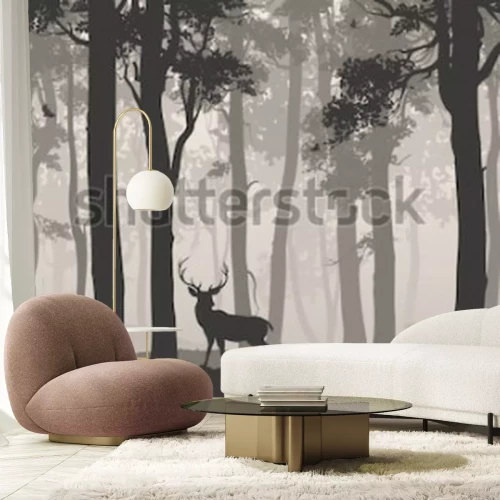 Sticker Horizontaler nahtloser Hintergrund mit Laubwald, Vögeln und Hirsch. Vektorillustration