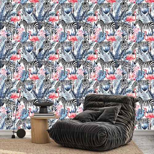 Tapete Zebras und Flamingos inmitten tropischer Vegetation