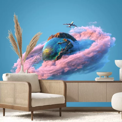 Sticker 3d Planet Globus umgeben von rosa Wolke