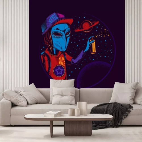 Sticker Original vector illustration in vintage neon style. An alien in a cap draws graffiti on the background of space and planets. T-shirt design